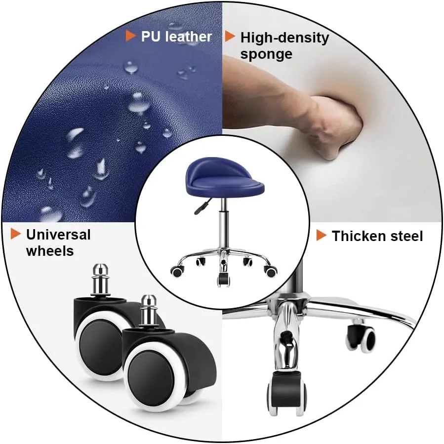 KKTONER PU Leather Round Rolling Stool with Back Rest Height Adjustable Swivel Drafting Work SPA Task Chair with Wheels (Blue)
