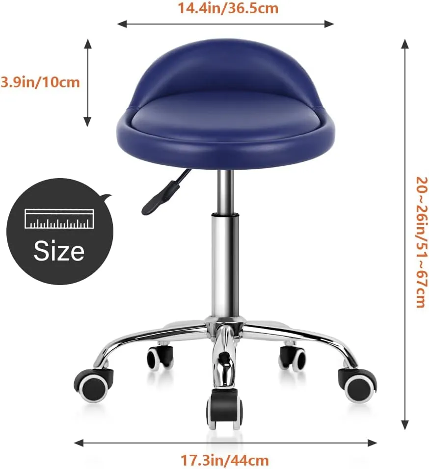 KKTONER PU Leather Round Rolling Stool with Back Rest Height Adjustable Swivel Drafting Work SPA Task Chair with Wheels (Blue)