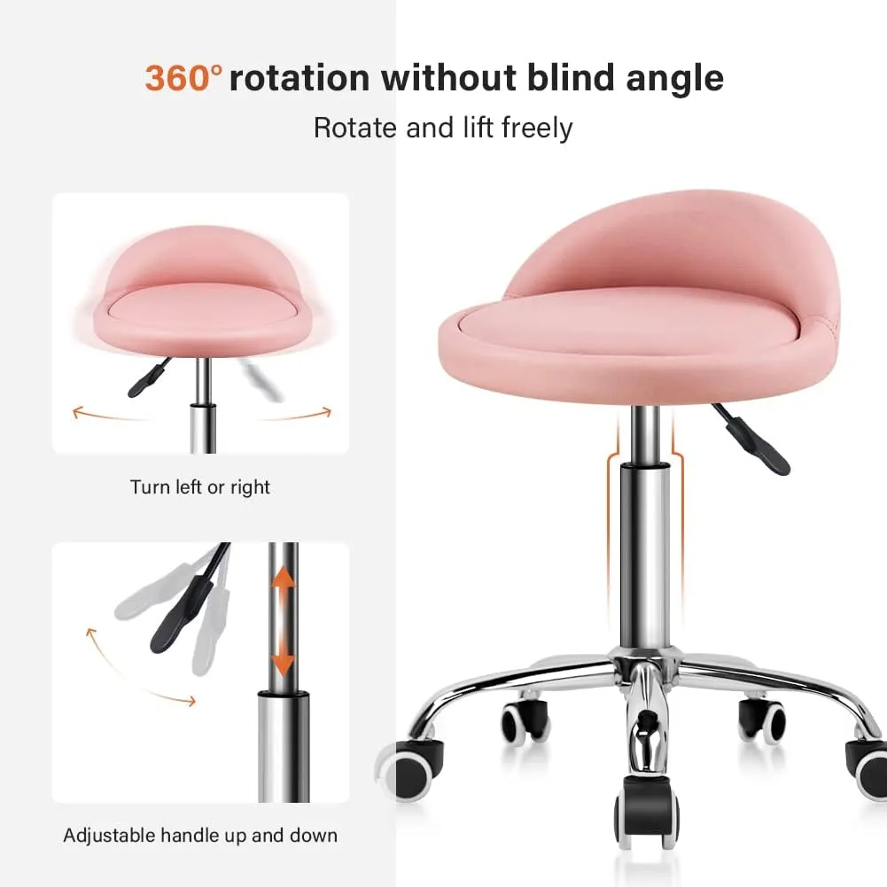KKTONER PU Leather Round Rolling Stool with Back Rest Height Adjustable Swivel Drafting Work SPA Task Chair with Wheels Pink