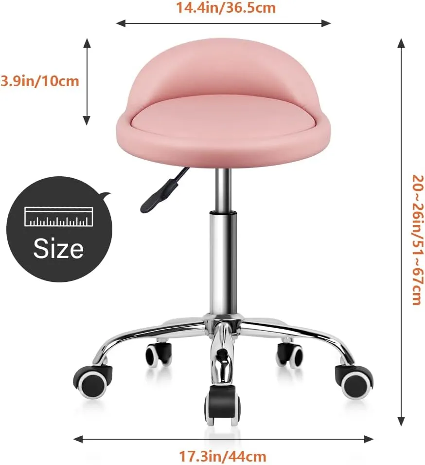 KKTONER PU Leather Round Rolling Stool with Back Rest Height Adjustable Swivel Drafting Work SPA Task Chair with Wheels Pink