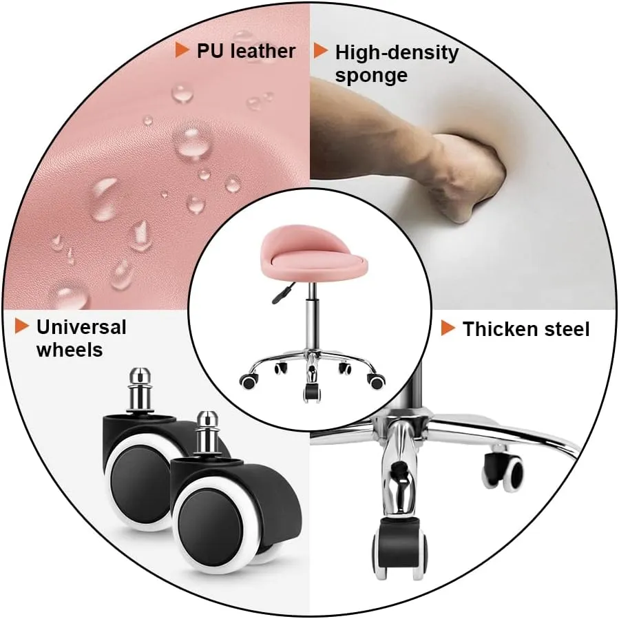 KKTONER PU Leather Round Rolling Stool with Back Rest Height Adjustable Swivel Drafting Work SPA Task Chair with Wheels Pink