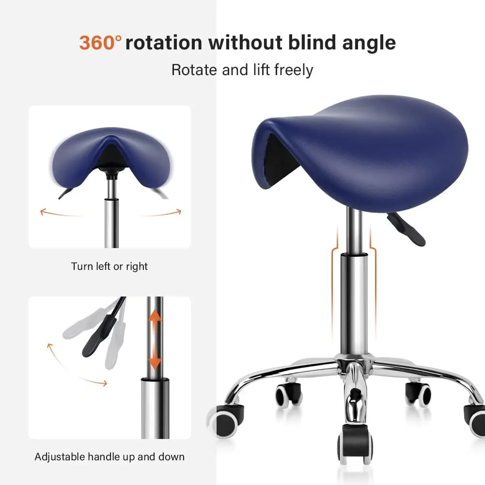 KKTONER Rolling Saddle Stool PU Leather Swivel Adjustable Rolling Stool with Wheels Salon Chair (Blue)