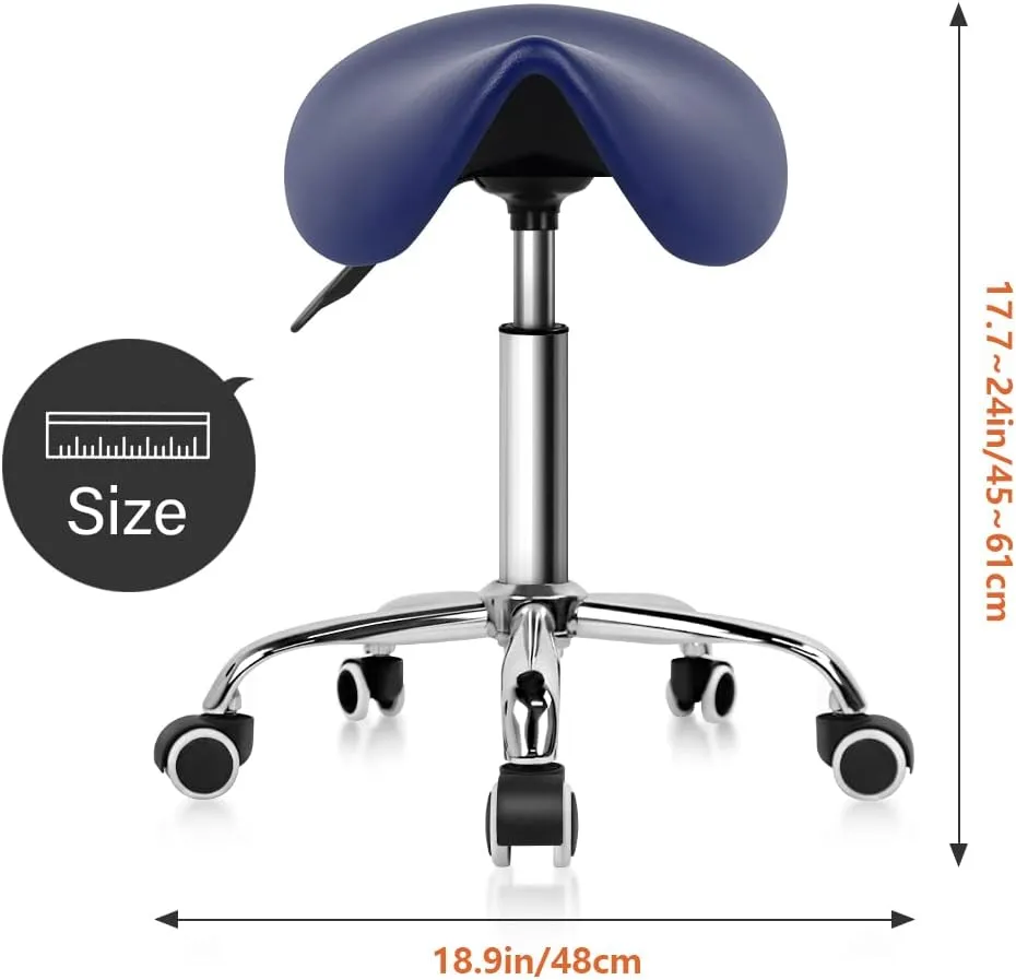 KKTONER Rolling Saddle Stool PU Leather Swivel Adjustable Rolling Stool with Wheels Salon Chair (Blue)