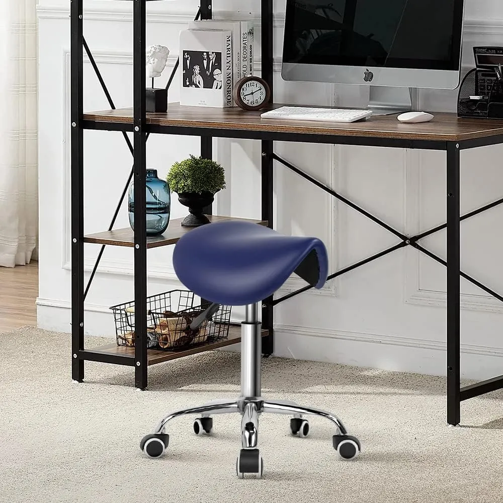 KKTONER Rolling Saddle Stool PU Leather Swivel Adjustable Rolling Stool with Wheels Salon Chair (Blue)