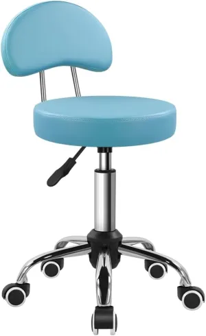 KKTONER Rolling Stool with Mid Back Height Adjustable Chair PU Leather Swivel Chair with Wheels for Office Home Task Drafting Sky Blue
