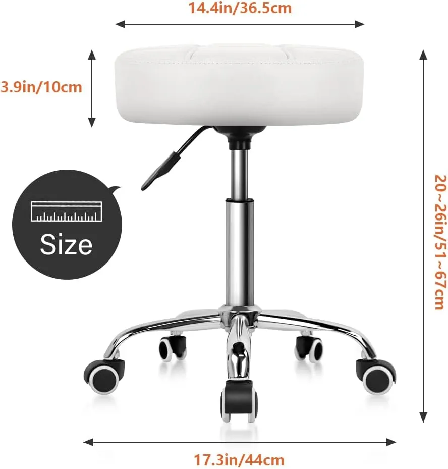 KKTONER Round Rolling Stool Chair PU Leather Height Adjustable Shop Stool Swivel Drafting Work SPA Salon Stools with Wheels Office Chair (White)