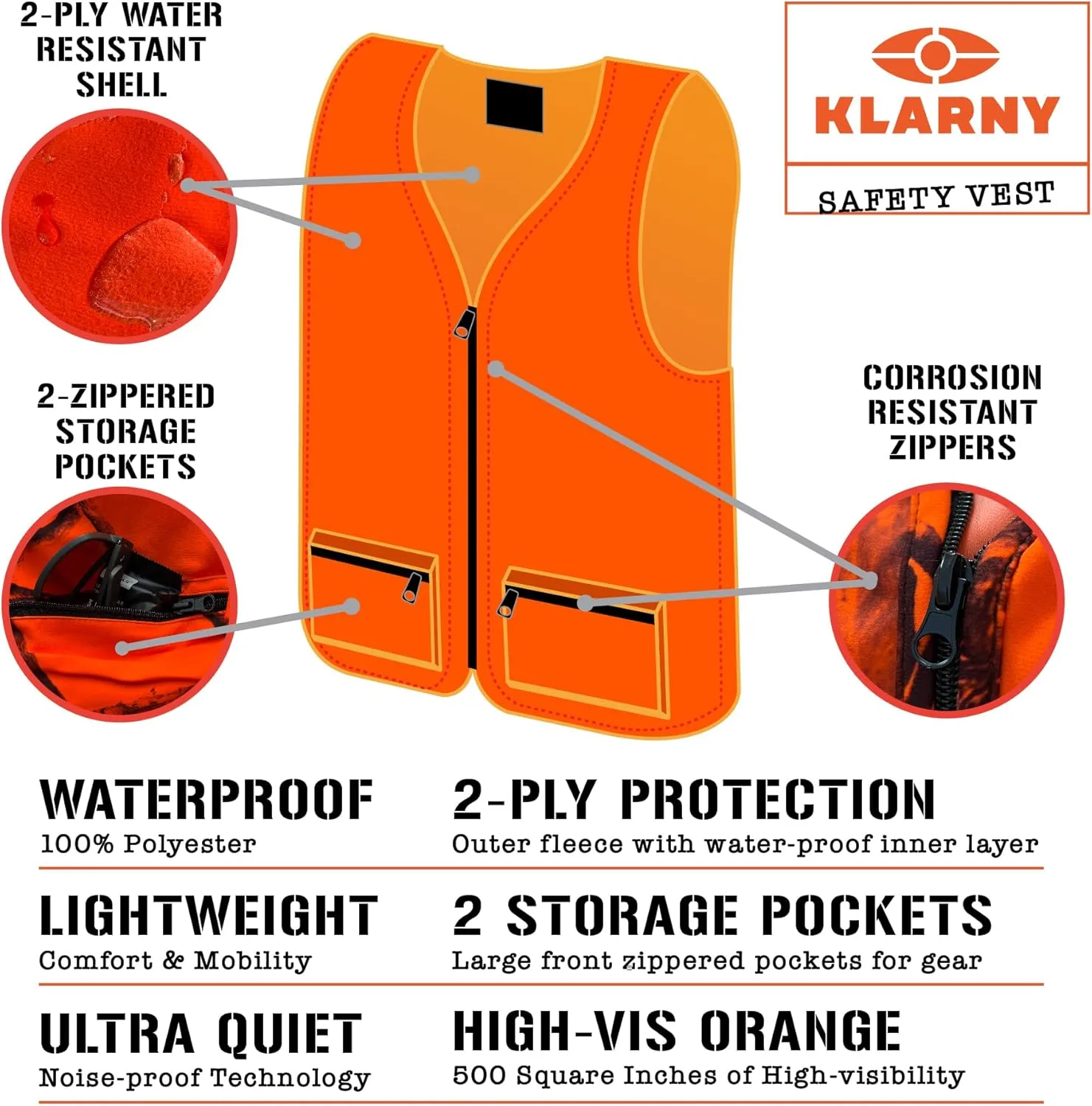 Klarny Blaze Orange Hunting Vest with Pockets, High-Visibility, Waterproof, Ultra-Quiet Deer and Bow Hunting Gear Accessories
