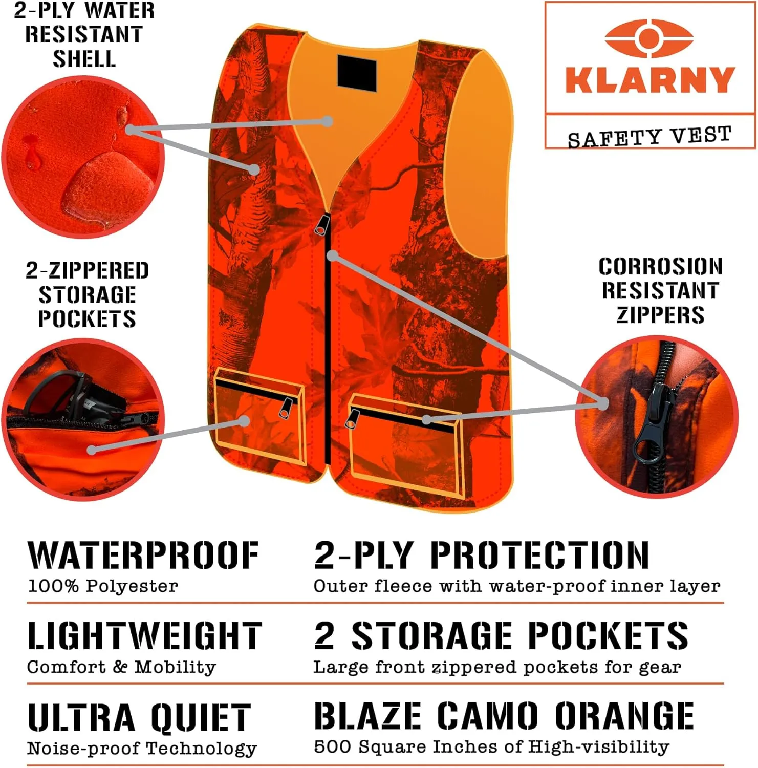 Klarny Blaze Orange Hunting Vest with Pockets, High-Visibility, Waterproof, Ultra-Quiet Deer and Bow Hunting Gear Accessories