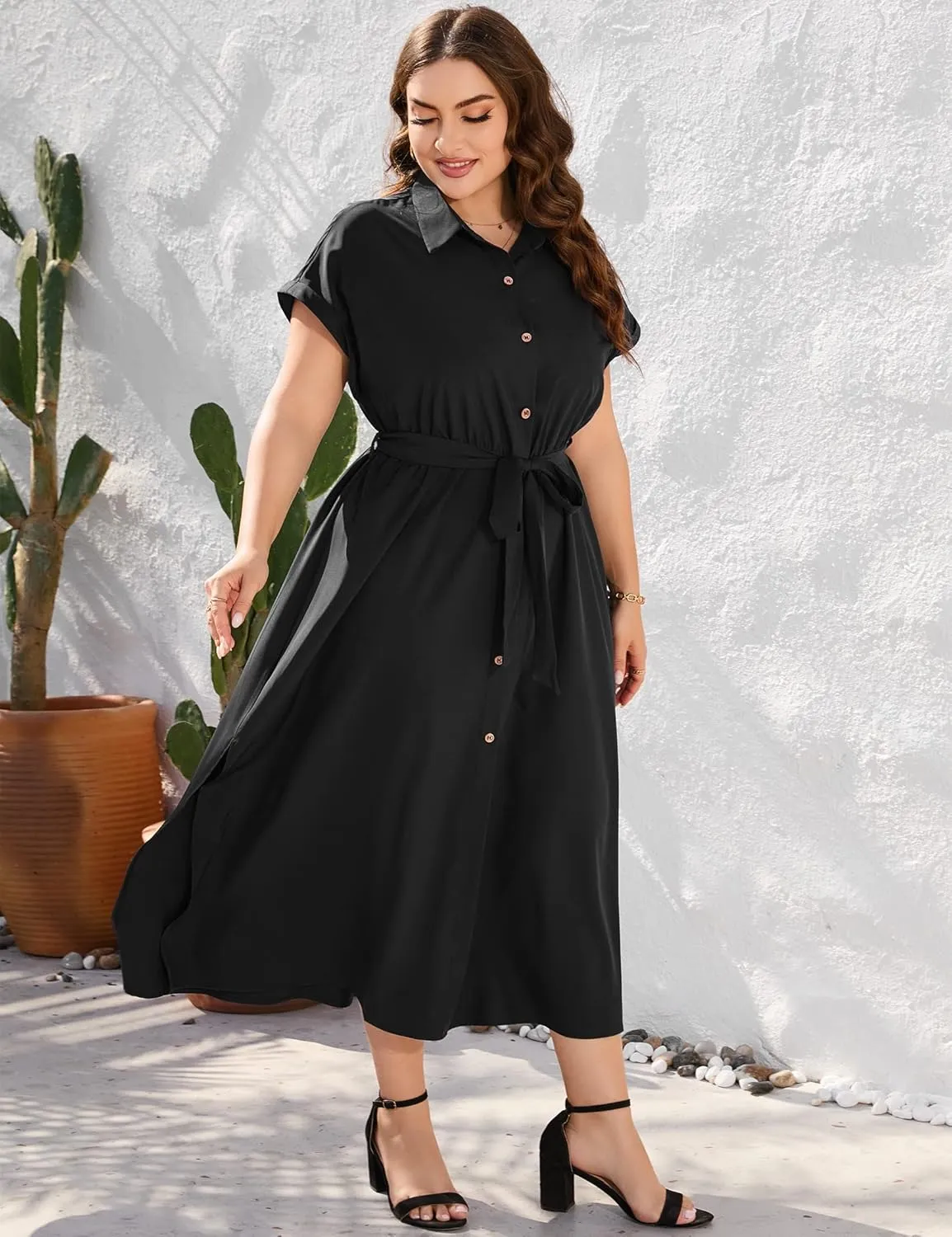 KOJOOIN Plus Size Maxi Dresses for Women Summer Tie Belt Work Polo Dress Business Casual Button Down Dress