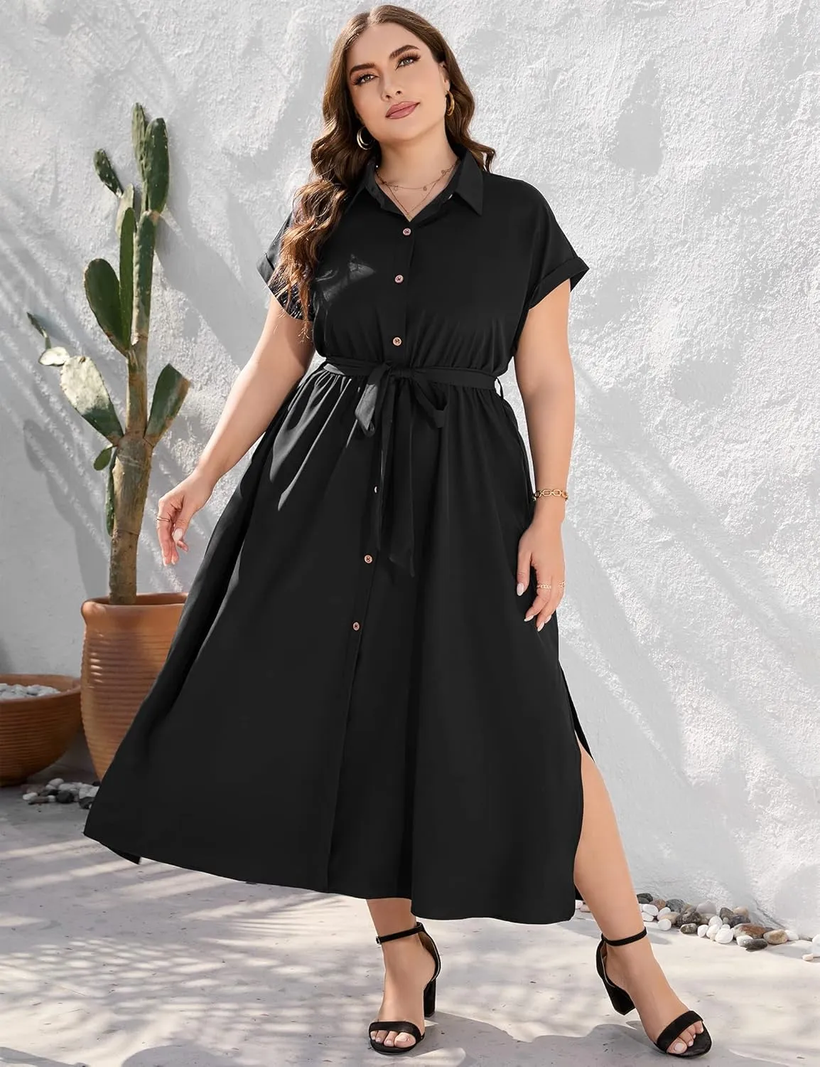 KOJOOIN Plus Size Maxi Dresses for Women Summer Tie Belt Work Polo Dress Business Casual Button Down Dress