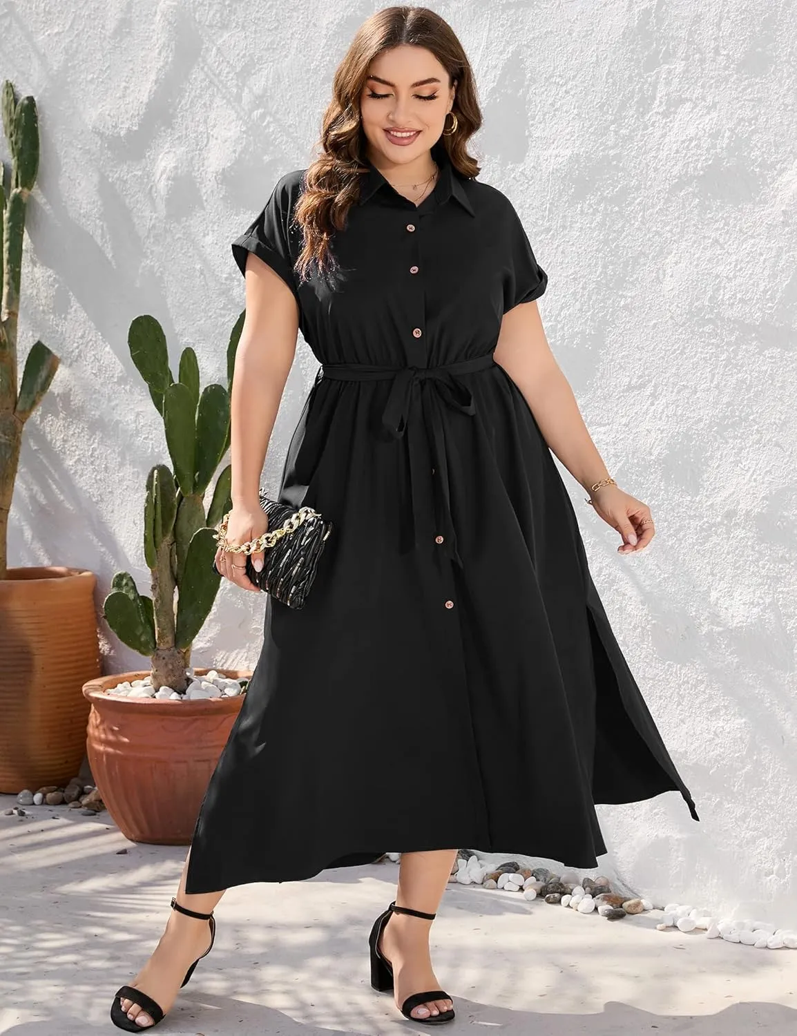 KOJOOIN Plus Size Maxi Dresses for Women Summer Tie Belt Work Polo Dress Business Casual Button Down Dress