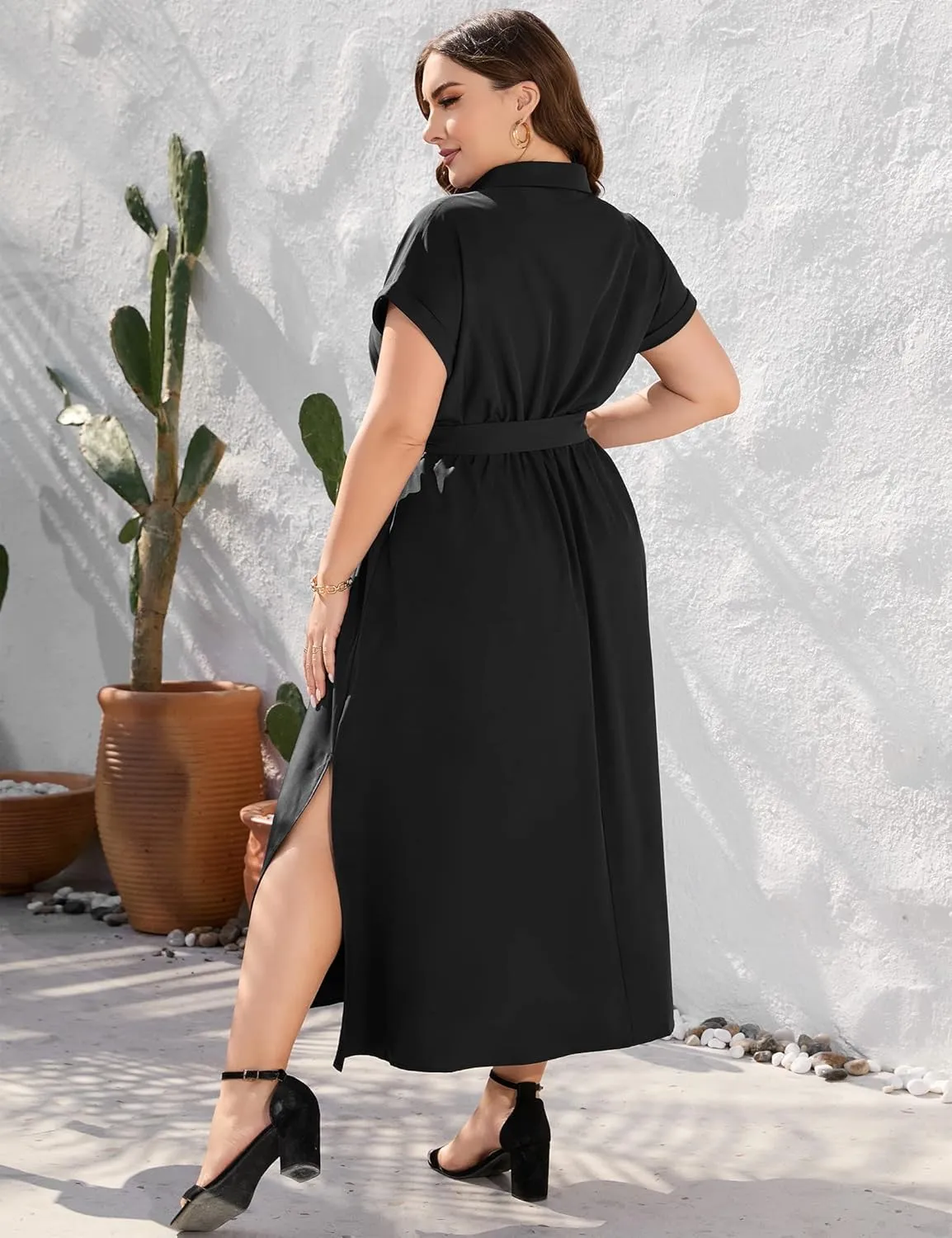 KOJOOIN Plus Size Maxi Dresses for Women Summer Tie Belt Work Polo Dress Business Casual Button Down Dress