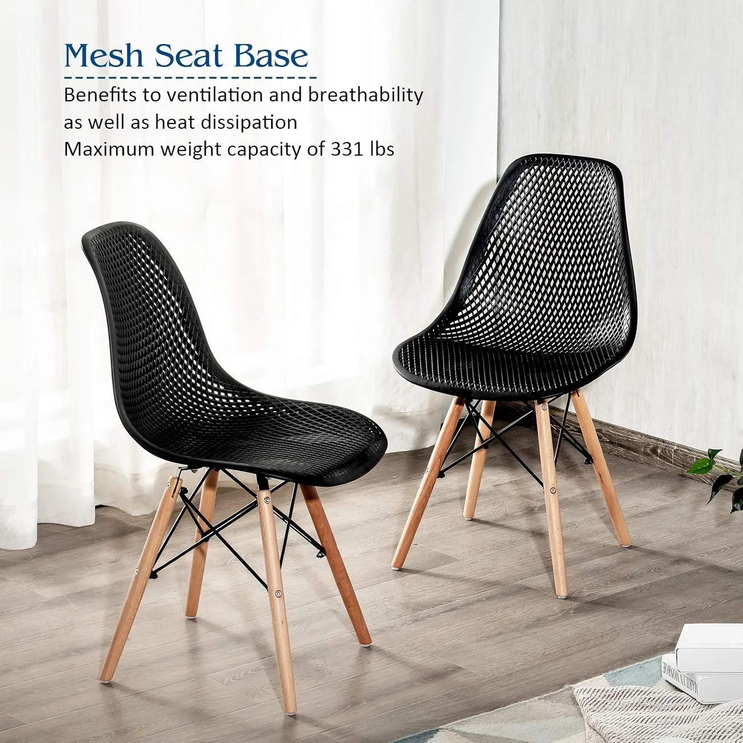 KOTEK Set of 4 Dining Chairs, DSW Molded Shell Plastic Side Chairs with Mesh Design, Solid Wood Legs, Mid-Century Modern Armless Side Chairs for Kitchen, Dining Room, Living Room (Black)