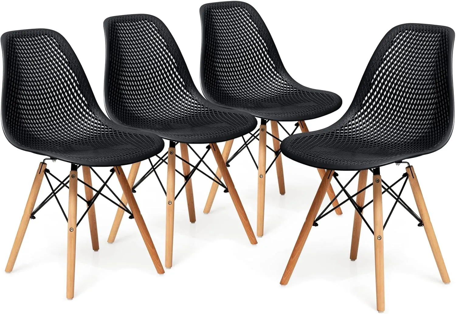 KOTEK Set of 4 Dining Chairs, DSW Molded Shell Plastic Side Chairs with Mesh Design, Solid Wood Legs, Mid-Century Modern Armless Side Chairs for Kitchen, Dining Room, Living Room (Black)