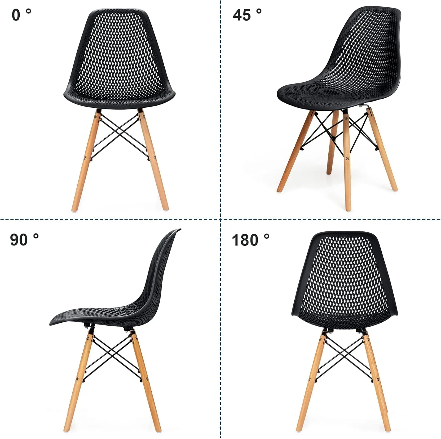 KOTEK Set of 4 Dining Chairs, DSW Molded Shell Plastic Side Chairs with Mesh Design, Solid Wood Legs, Mid-Century Modern Armless Side Chairs for Kitchen, Dining Room, Living Room (Black)