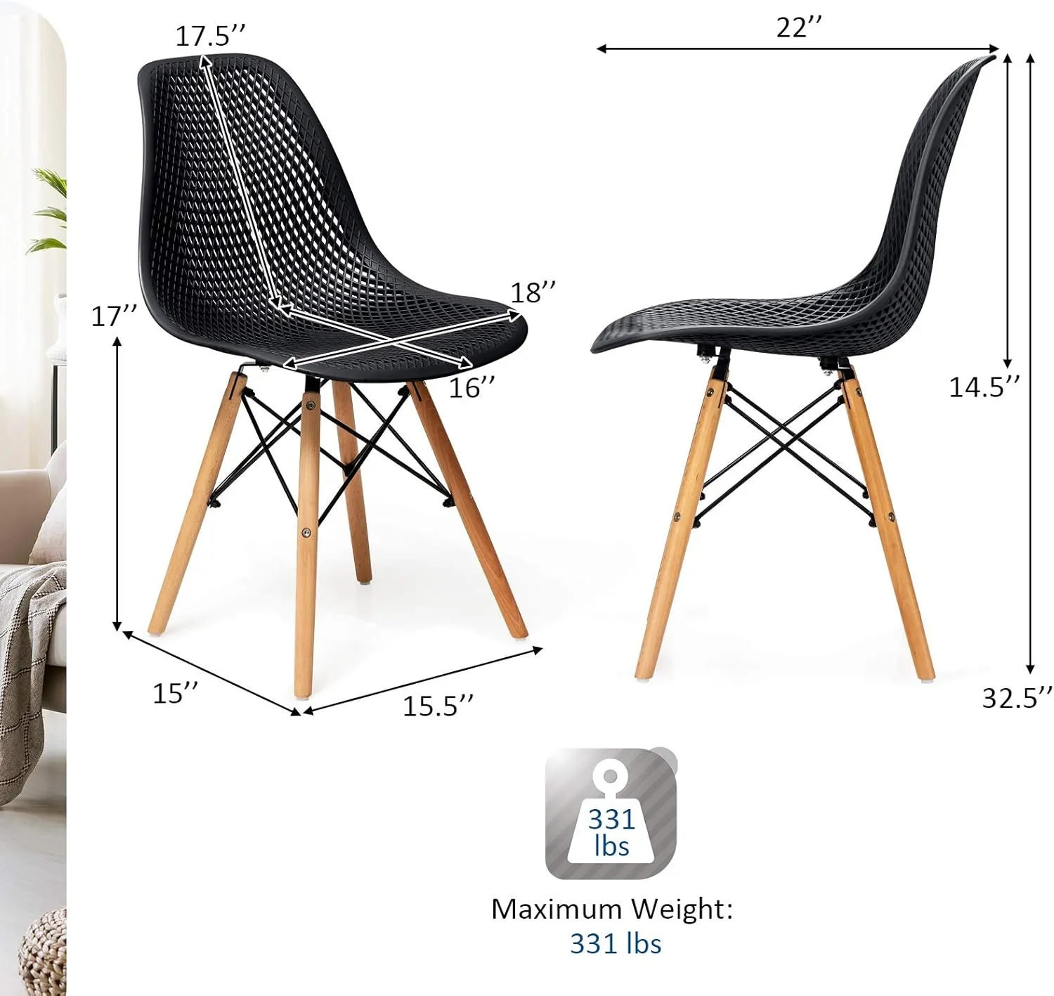 KOTEK Set of 4 Dining Chairs, DSW Molded Shell Plastic Side Chairs with Mesh Design, Solid Wood Legs, Mid-Century Modern Armless Side Chairs for Kitchen, Dining Room, Living Room (Black)