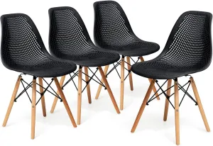 KOTEK Set of 4 Dining Chairs, DSW Molded Shell Plastic Side Chairs with Mesh Design, Solid Wood Legs, Mid-Century Modern Armless Side Chairs for Kitchen, Dining Room, Living Room (Black)