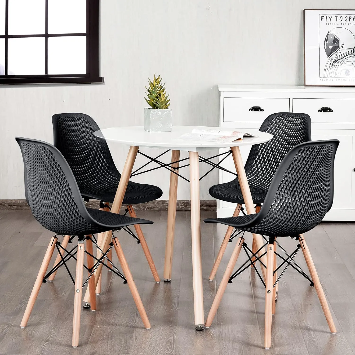 KOTEK Set of 4 Dining Chairs, DSW Molded Shell Plastic Side Chairs with Mesh Design, Solid Wood Legs, Mid-Century Modern Armless Side Chairs for Kitchen, Dining Room, Living Room (Black)