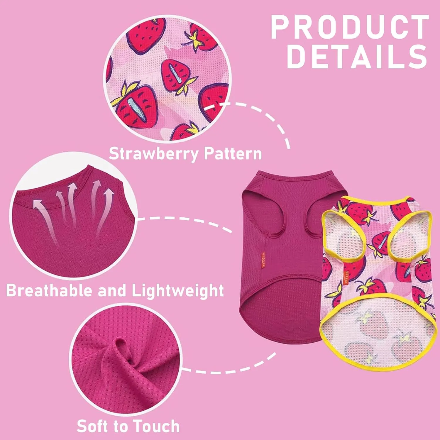 KYEESE 2 Pack Dog Shirt for Small Dogs Quick Dry Lightweight Dog T-Shirts with Reflective Label Tank Top Sleeveless Vest Cat Shirts for Summer UV Protection Strawberry Pattern, Small, Strawberry Rose