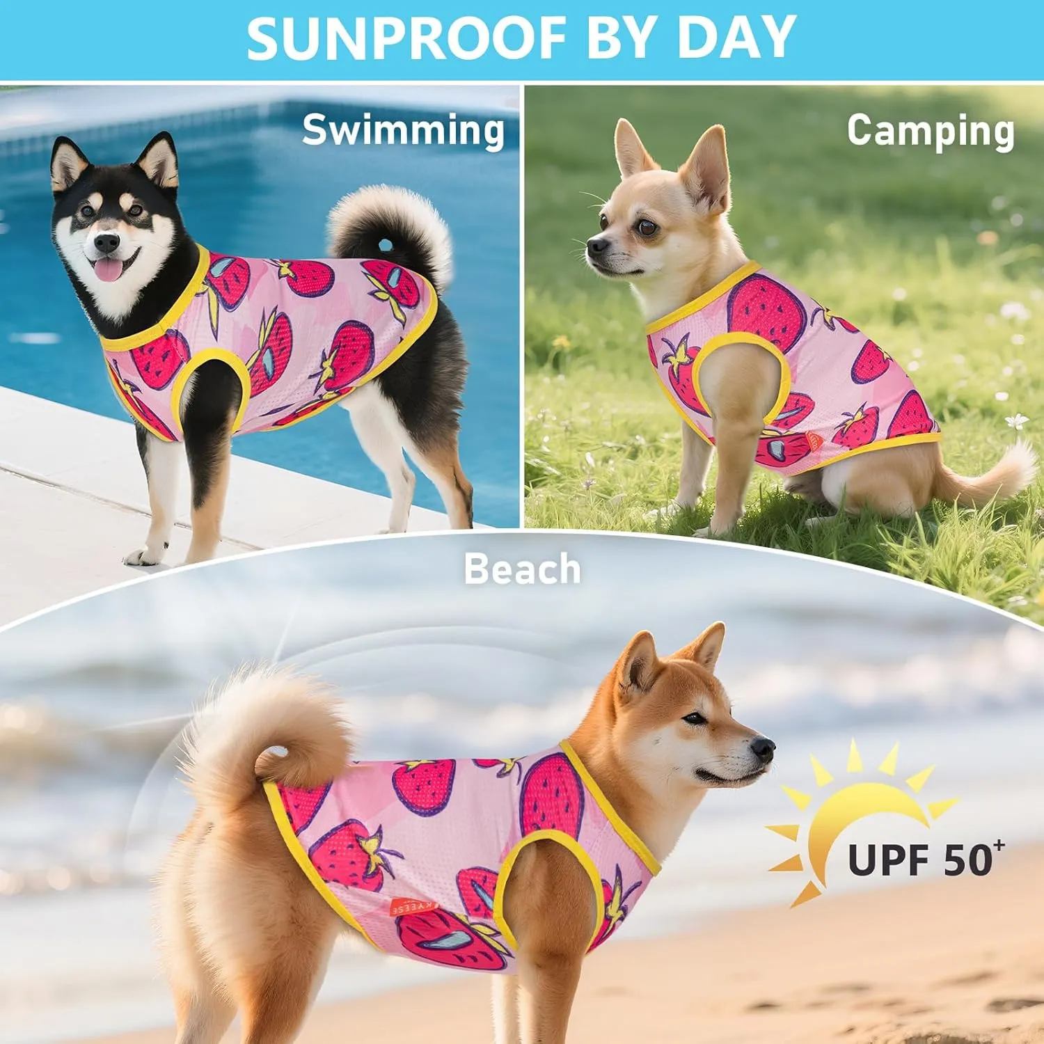 KYEESE 2 Pack Dog Shirt for Small Dogs Quick Dry Lightweight Dog T-Shirts with Reflective Label Tank Top Sleeveless Vest Cat Shirts for Summer UV Protection Strawberry Pattern, Small, Strawberry Rose