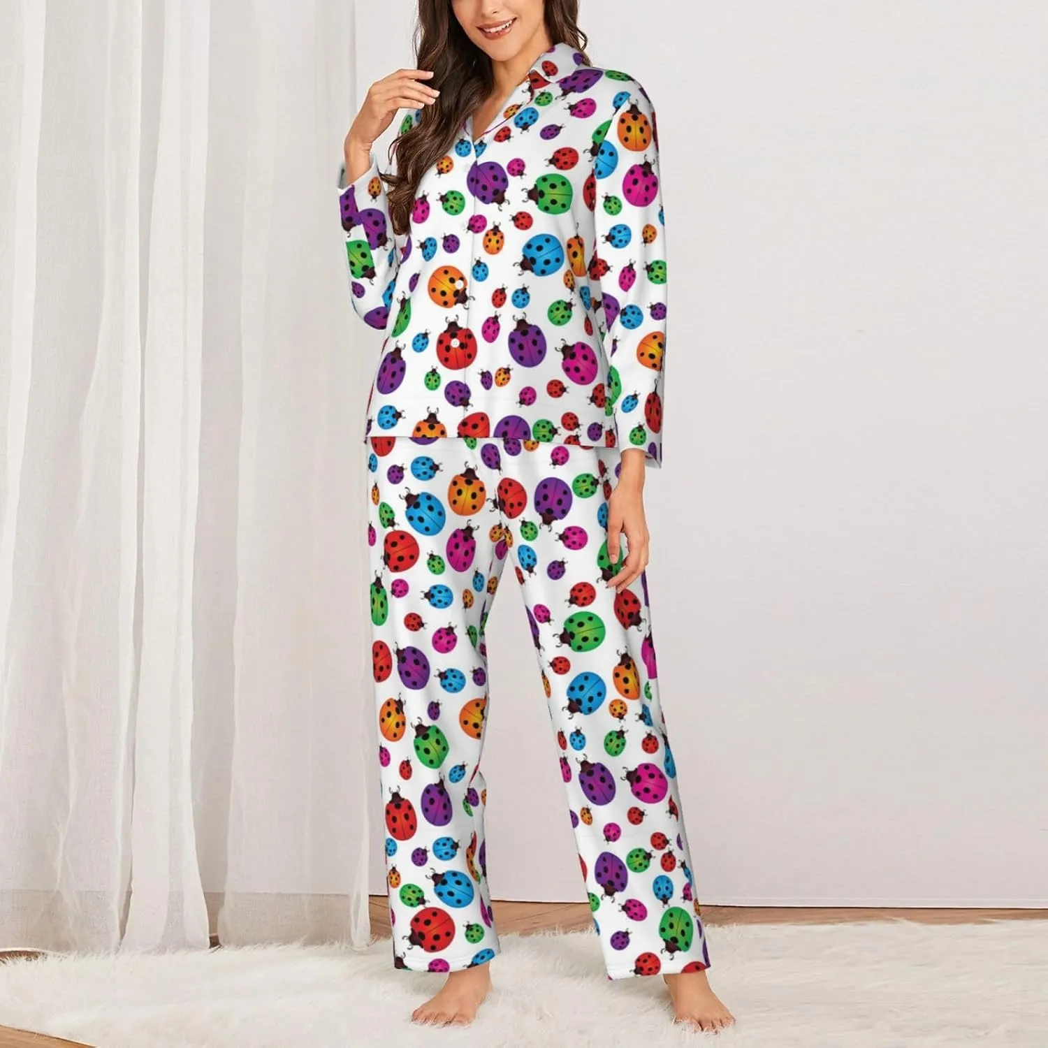 Ladybug Pajamas Long Sleeve Pajama Set Women Button Down Cardigan Pj Set Home Clothes Shirt Soft Comfy Tops Bottoms