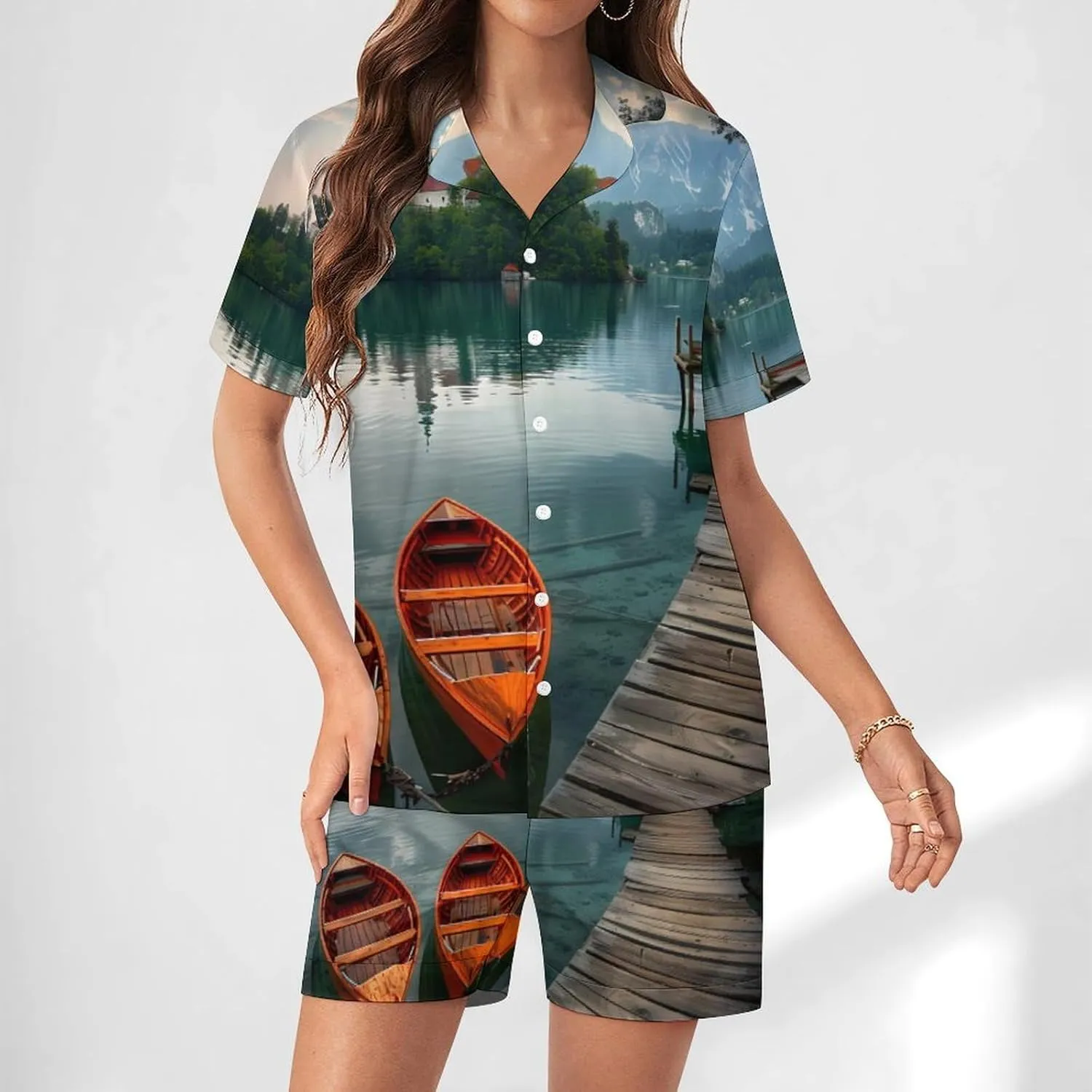 Lake Bled Slovenia Church on The Island Women's Satin Pajama Set Short Sleeve Button Down Sleepwear Loungewear Pj Set