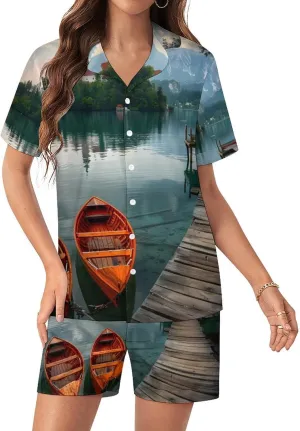 Lake Bled Slovenia Church on The Island Women's Satin Pajama Set Short Sleeve Button Down Sleepwear Loungewear Pj Set