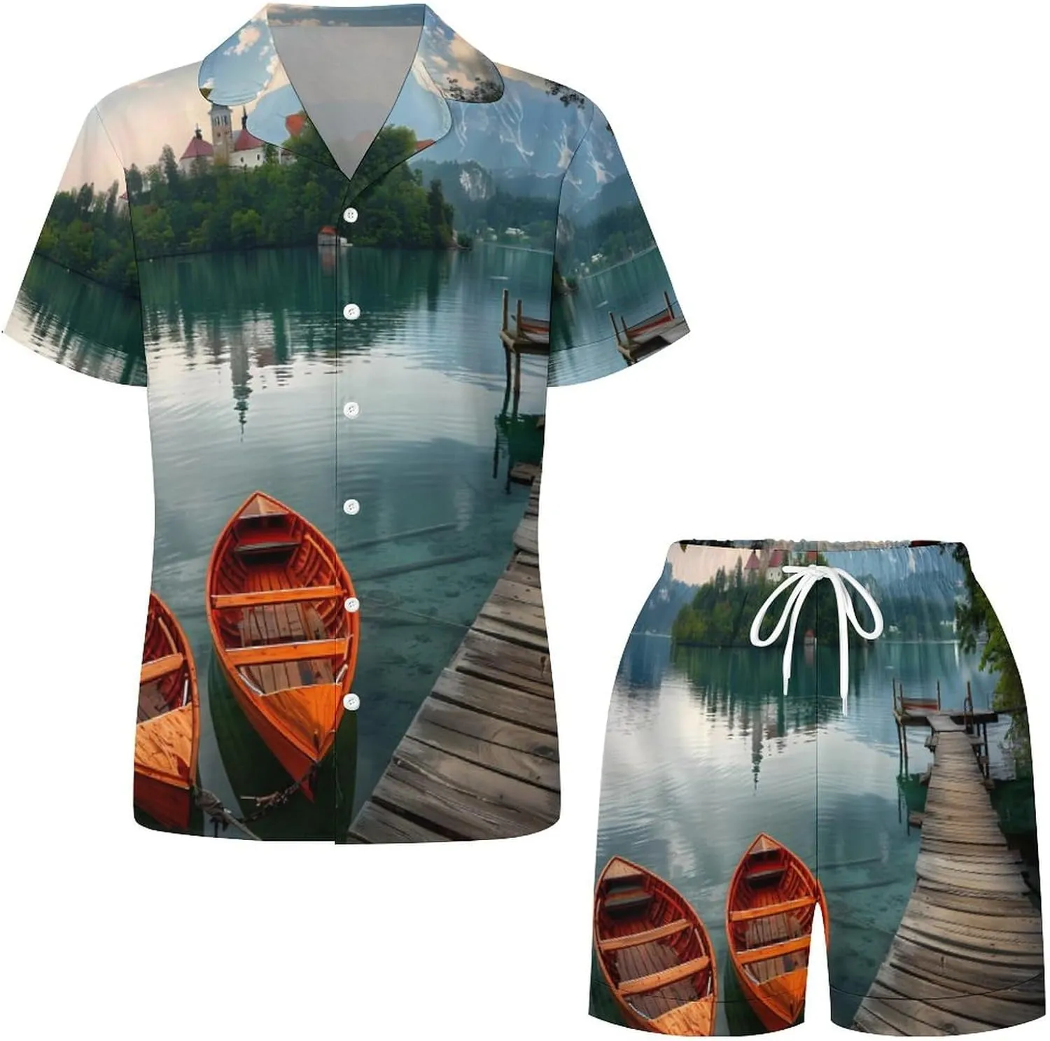Lake Bled Slovenia Church on The Island Women's Satin Pajama Set Short Sleeve Button Down Sleepwear Loungewear Pj Set