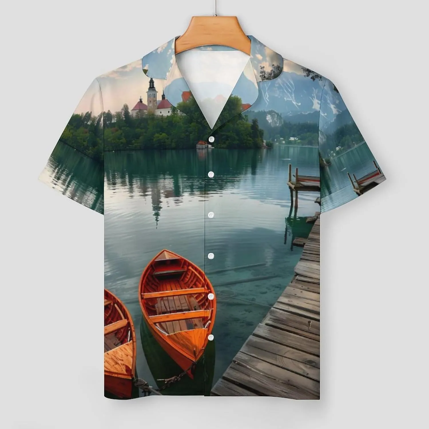 Lake Bled Slovenia Church on The Island Women's Satin Pajama Set Short Sleeve Button Down Sleepwear Loungewear Pj Set