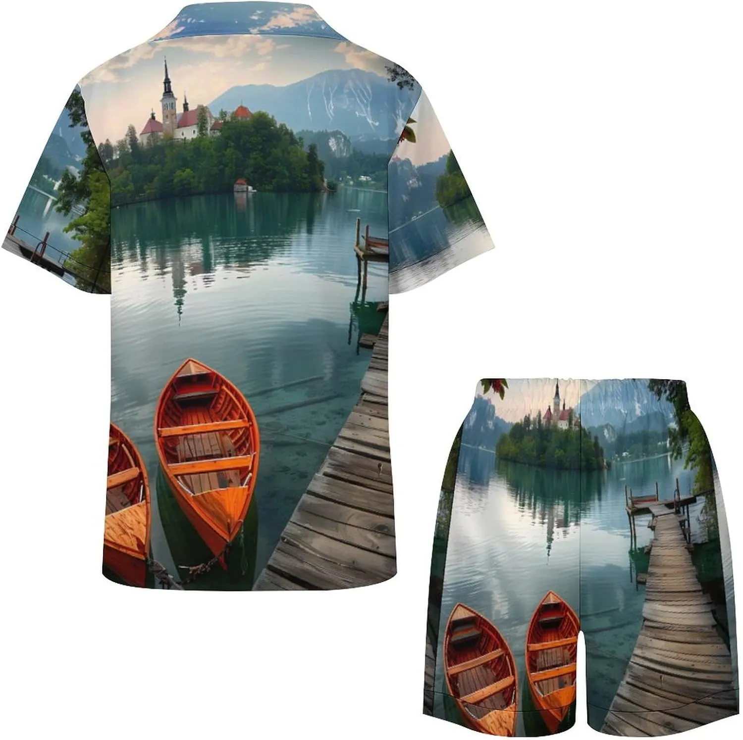 Lake Bled Slovenia Church on The Island Women's Satin Pajama Set Short Sleeve Button Down Sleepwear Loungewear Pj Set