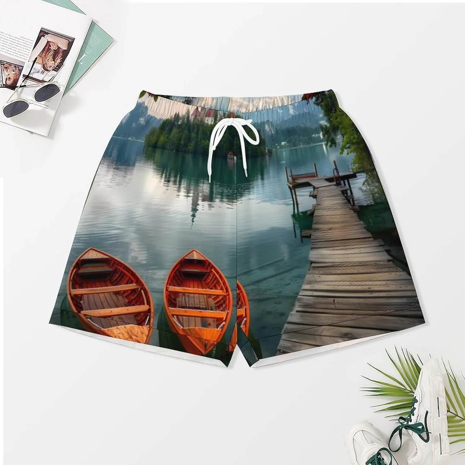 Lake Bled Slovenia Church on The Island Women's Satin Pajama Set Short Sleeve Button Down Sleepwear Loungewear Pj Set