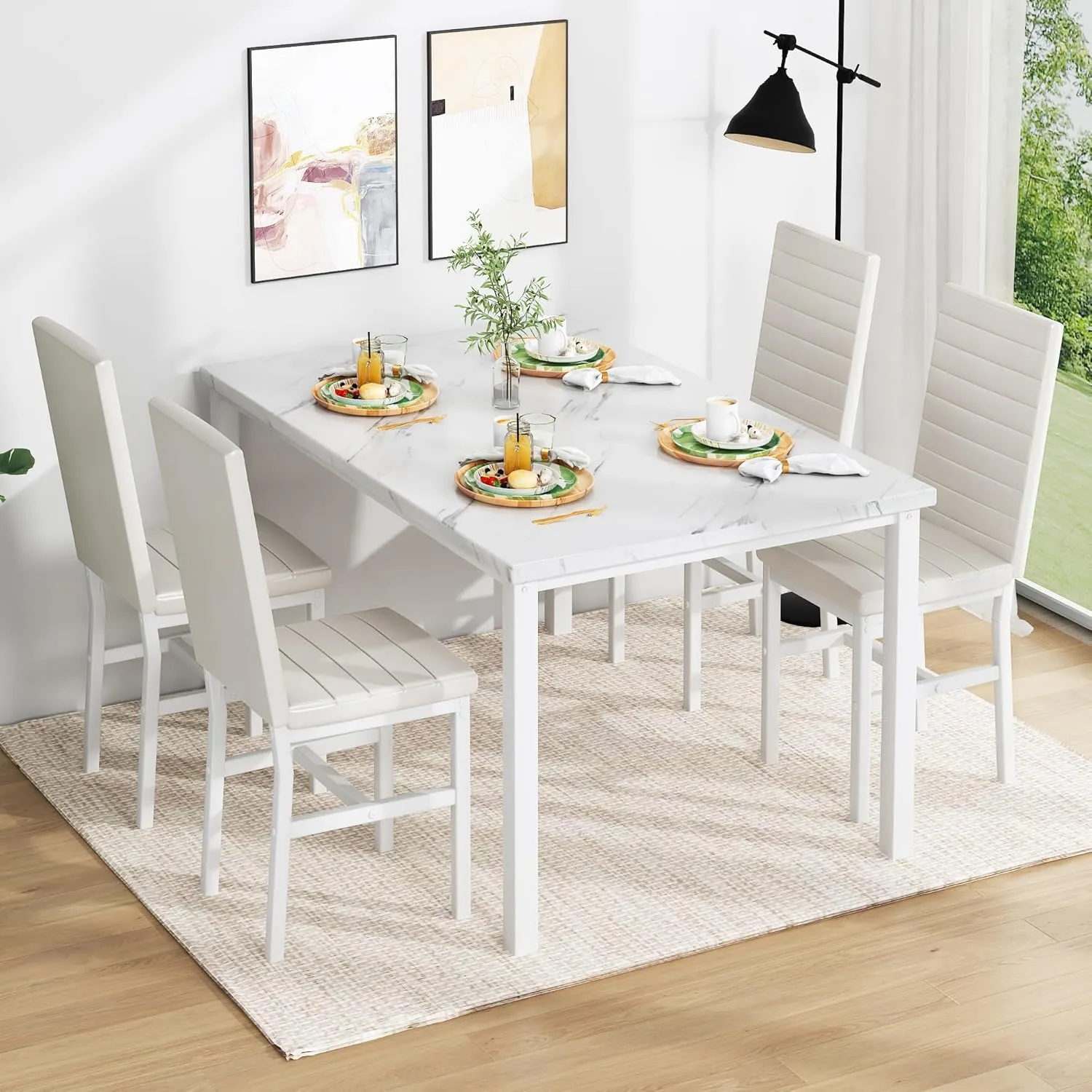Lamerge Dining Table Set for 4, Marble Kitchen Table and Chairs for 4, Comfortable PU Leather Chairs,Dining RoomTable Set for Small Space,Living Room, Breakfast Nook,White White