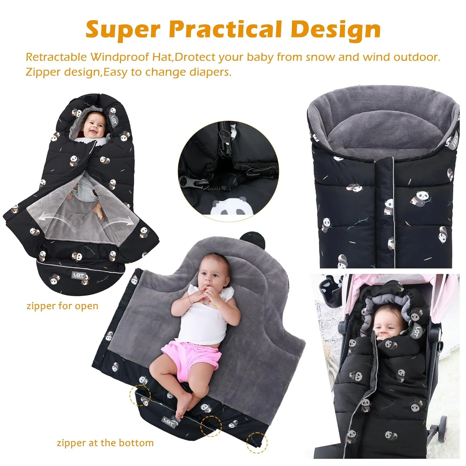 LAT Baby Warm Bunting Bag Universal,Stroller Sleeping Bag Cold Weather,Waterproof Toddler Footmuff(Basic,Black Panda)