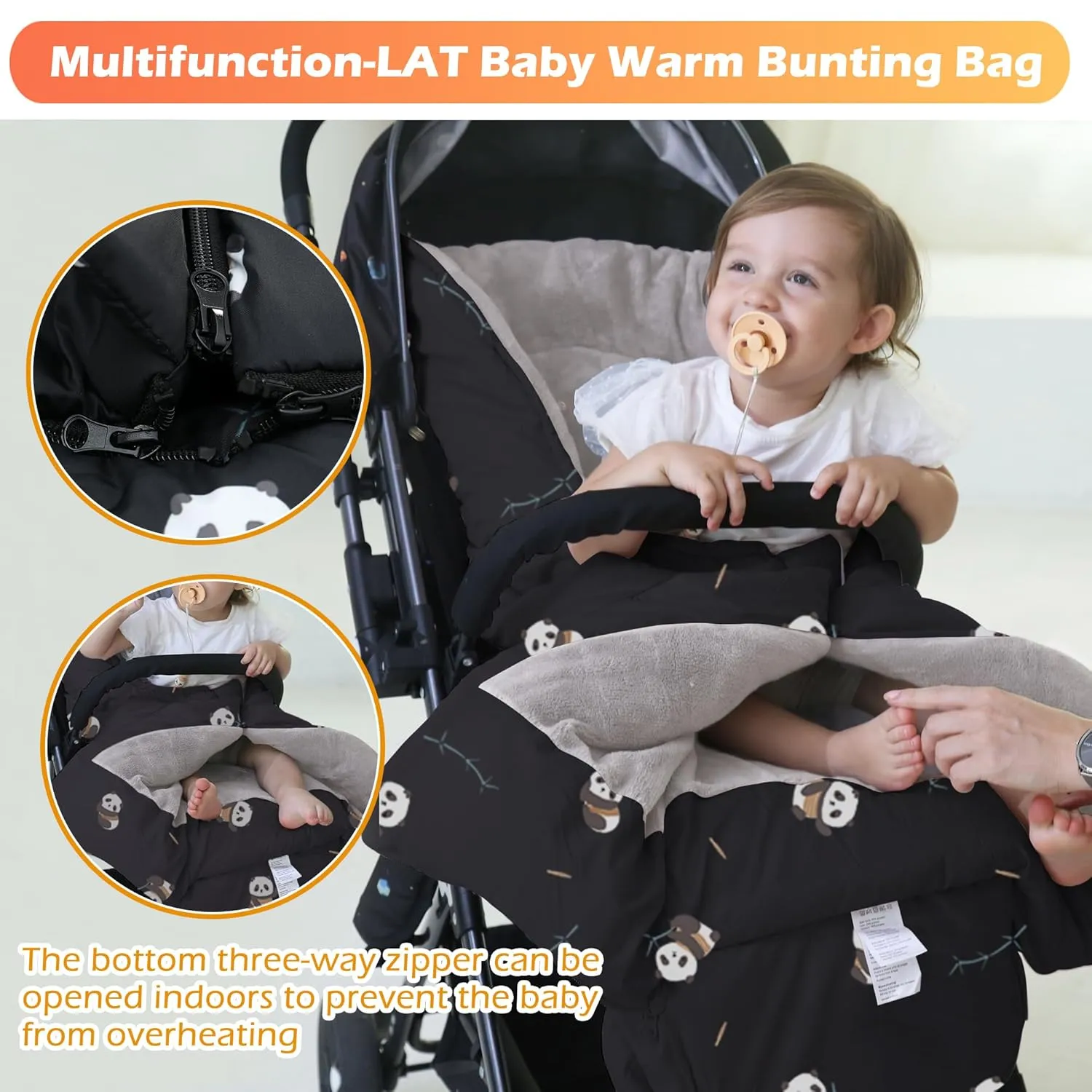 LAT Baby Warm Bunting Bag Universal,Stroller Sleeping Bag Cold Weather,Waterproof Toddler Footmuff(Basic,Black Panda)
