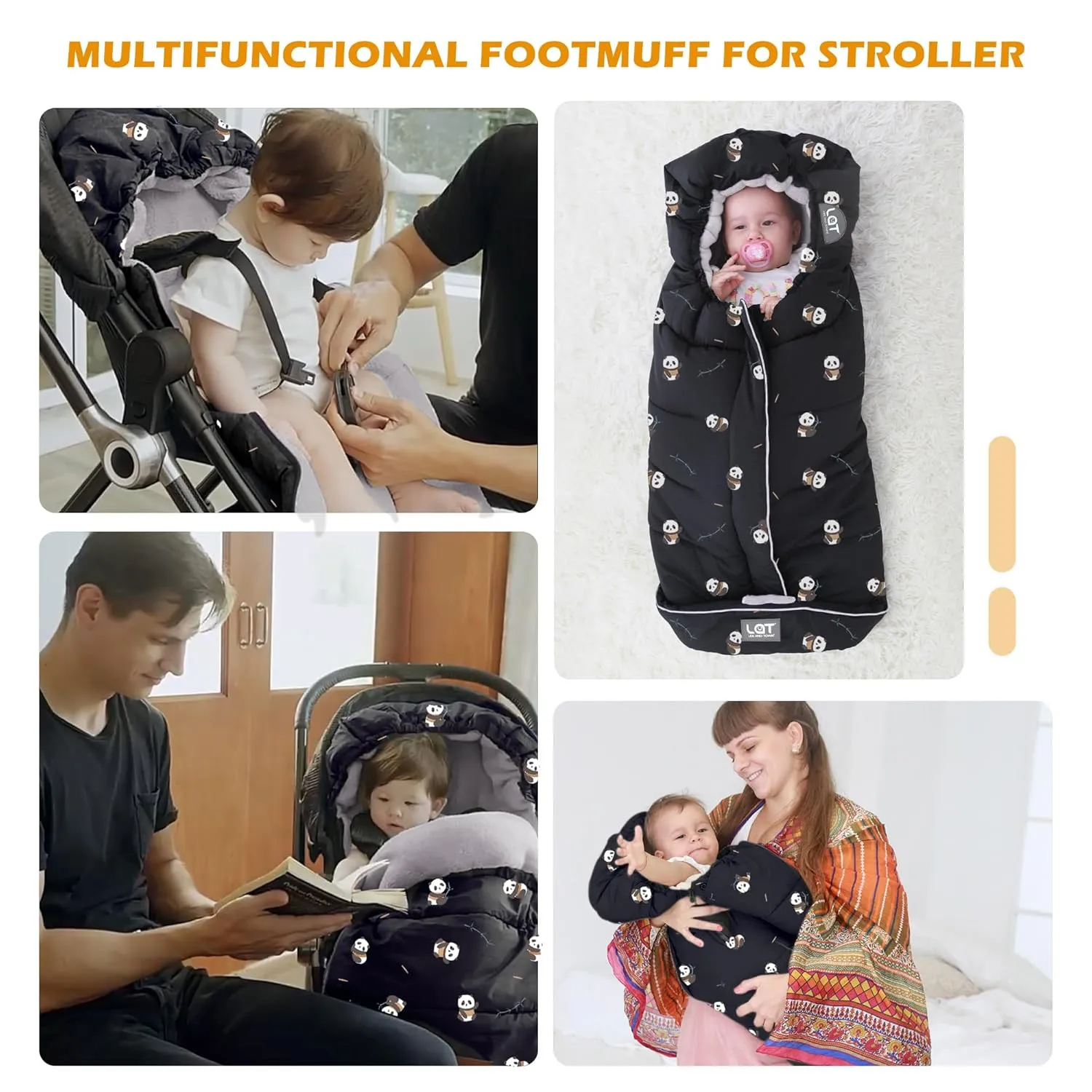 LAT Baby Warm Bunting Bag Universal,Stroller Sleeping Bag Cold Weather,Waterproof Toddler Footmuff(Basic,Black Panda)