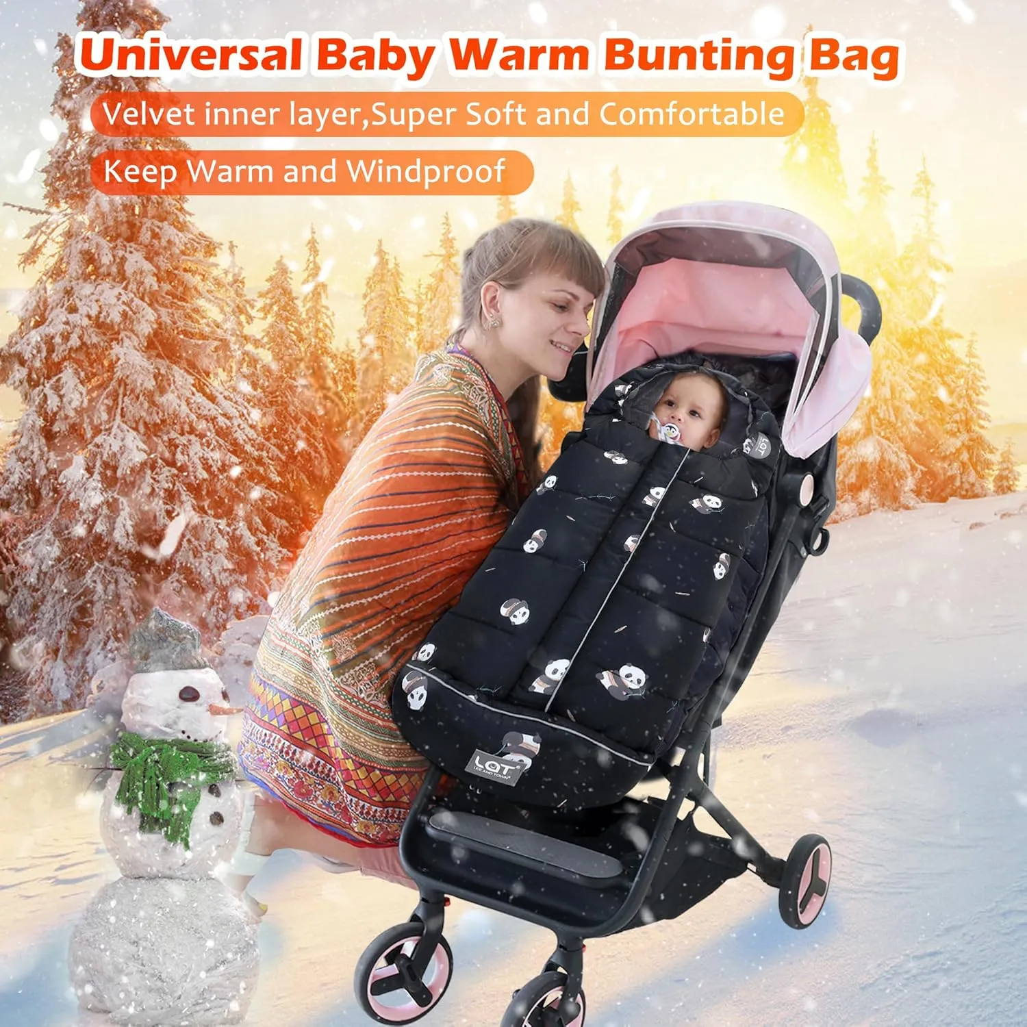 LAT Baby Warm Bunting Bag Universal,Stroller Sleeping Bag Cold Weather,Waterproof Toddler Footmuff(Basic,Black Panda)