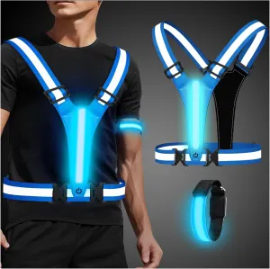 LED Reflective Running Vest with Wristband, Tpye-C Rechargeable Light Up Running Vest for Women Men, Running Lights for Runner, Safety Gear for Walking, Running, Cycling