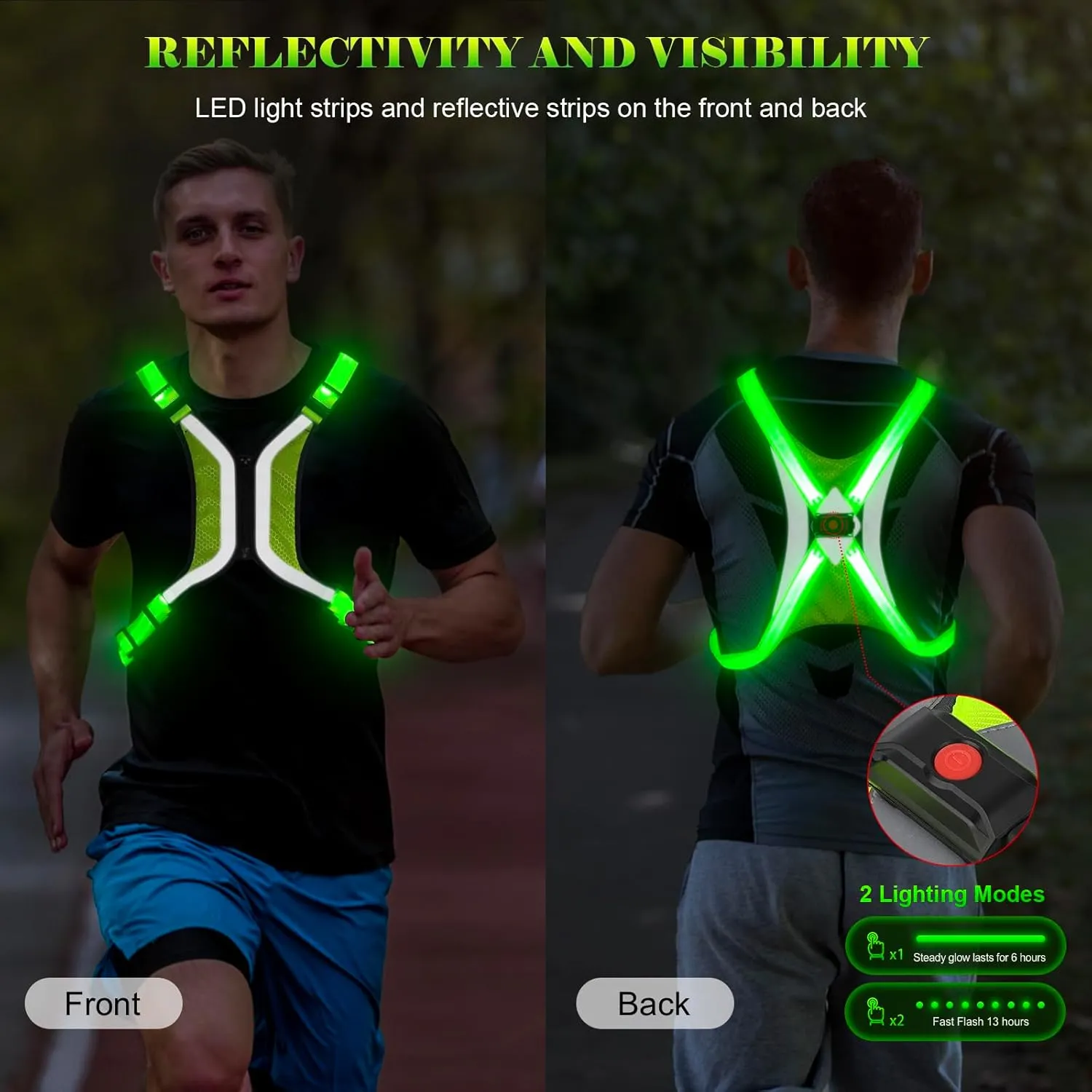 LED Reflective Vest, Light Up Running Vest, Rechargeable Reflective Running Gear for Walking Running Cycling at Night, Adjustable for Men Women