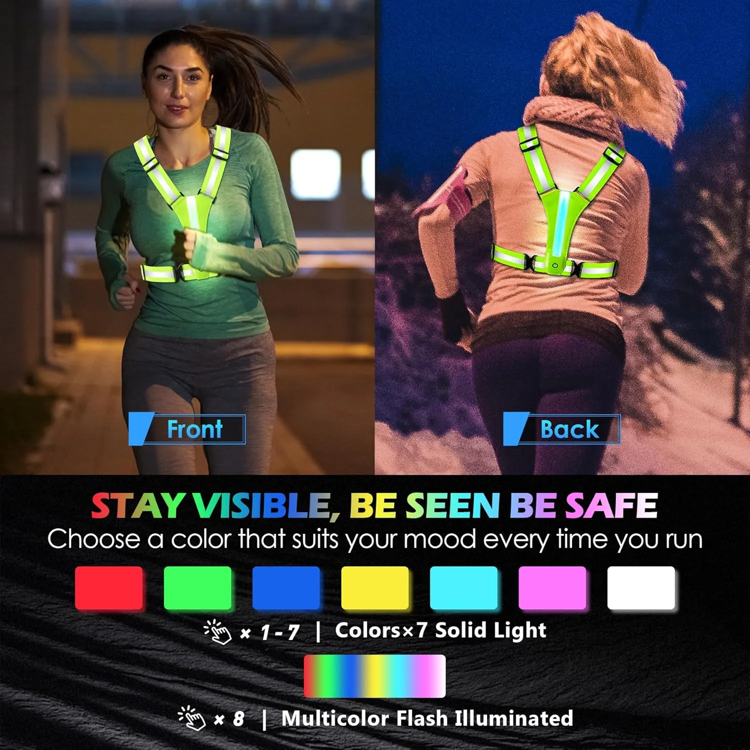 LED Reflective Vest Running Gear, 8 Lights Colors Illuminated, USB-C Rechargeable, High Visibility Safety Vest with Adjustable Waist/Shoulder, Light Up Vest for Night Dog Walking Cycling