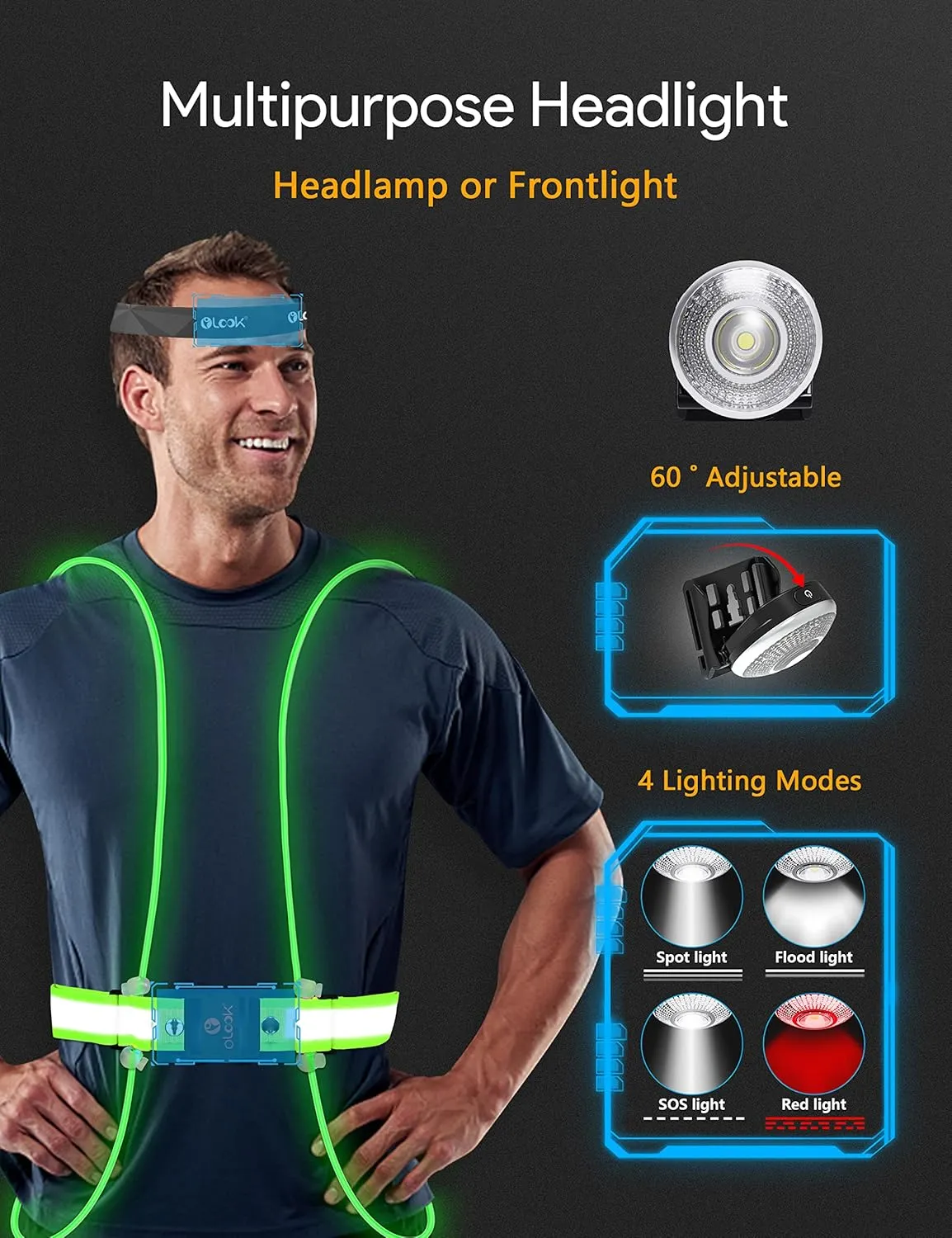 LED Running Light Vest Multicolor Light Up Vest Rechargeable Reflective Safety Gear High Visibility for Night Running