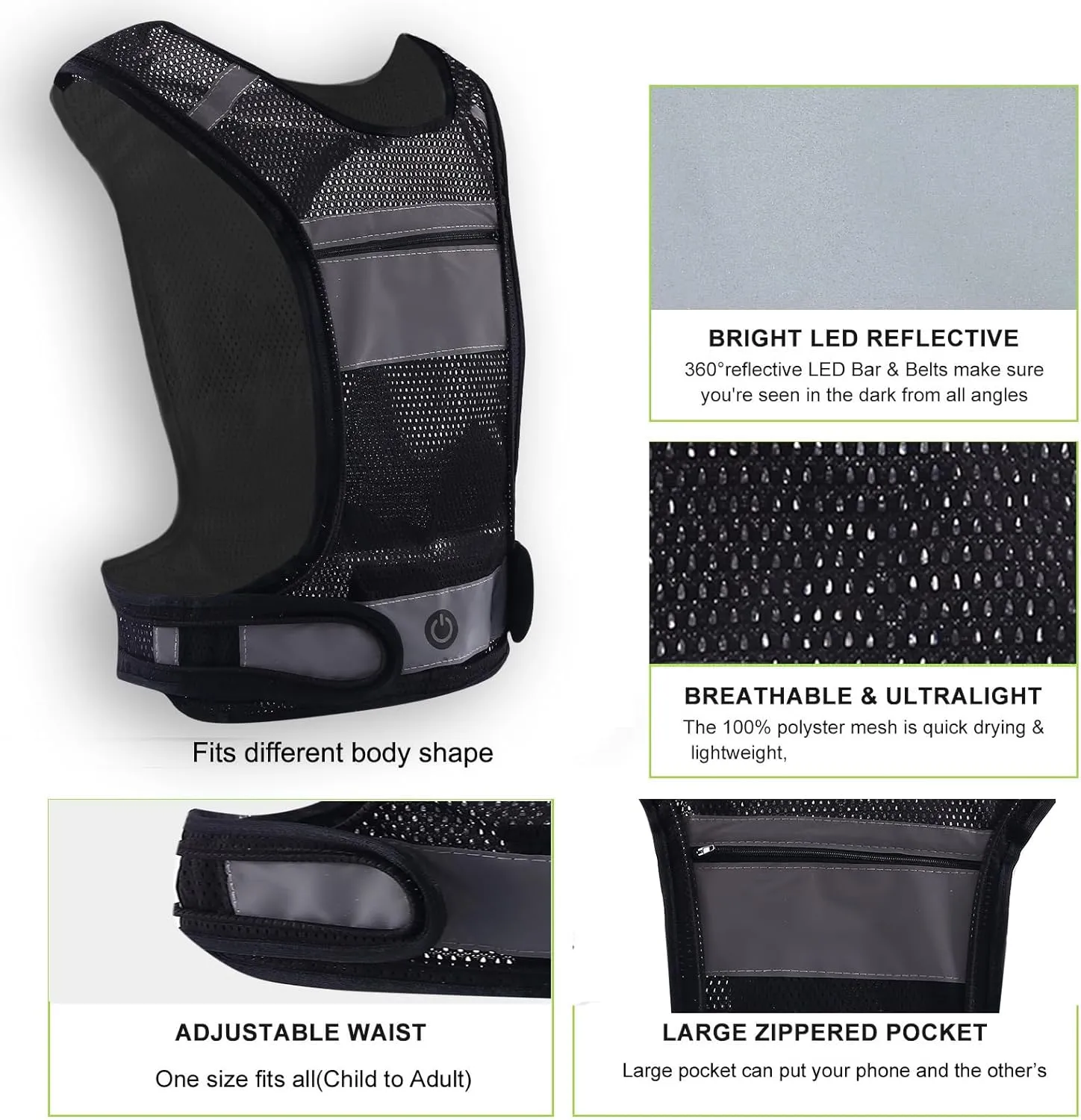 LED Safety Reflective Vest, USB Rechargeable Running Reflector Gear with Storage Pocket, Adjustable Vest