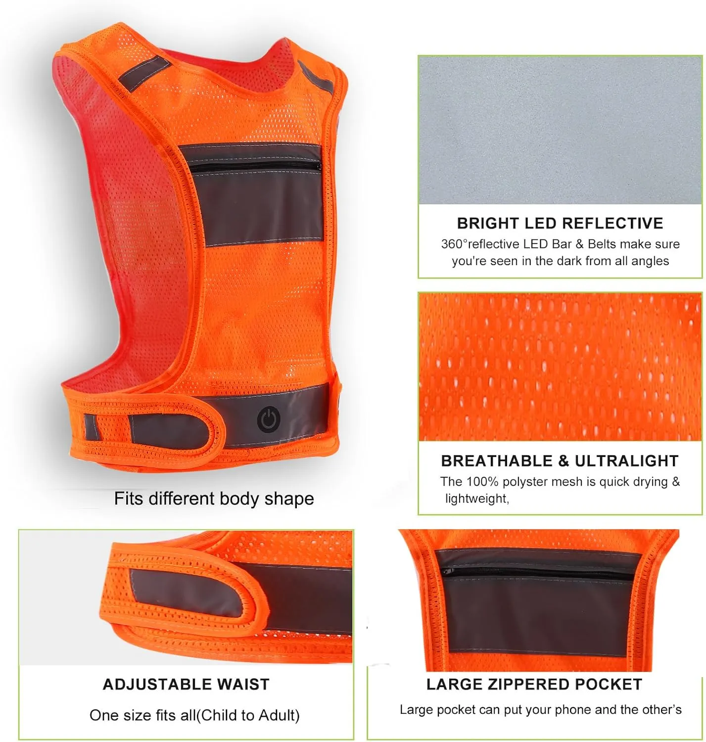 LED Safety Reflective Vest, USB Rechargeable Running Reflector Gear with Storage Pocket, Adjustable Vest