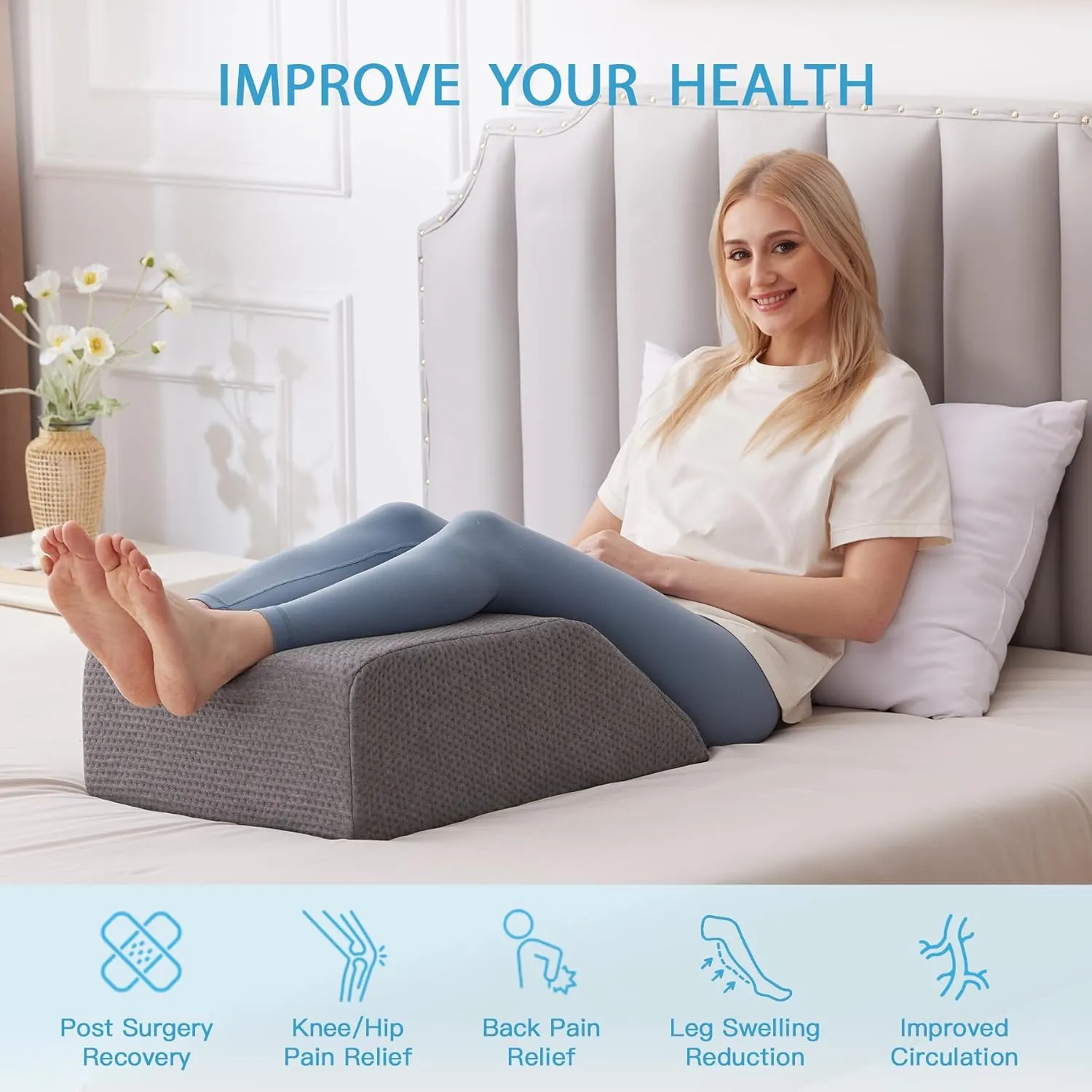 Leg Pillow Elevation Blood Circulation, Leg Wedge for Elevation for Swelling, Leg Elevating Pillow for After Surgery, Memory Foam Foot Knee Pillow for Back Sleeping 23.6×16.8×8 Inch Dark Grey
