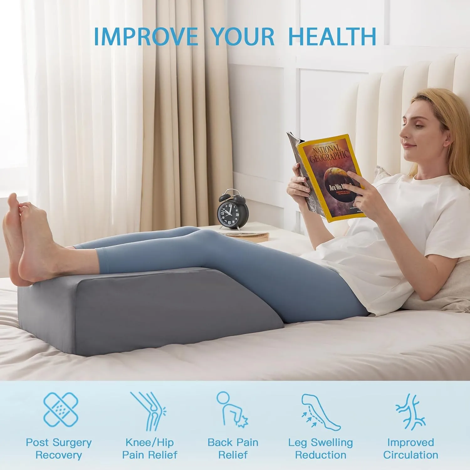 Leg Pillow Elevation Blood Circulation, Leg Wedge for Elevation for Swelling, Leg Elevating Pillow for After Surgery Memory Foam Foot Knee Pillow for Back Sleeping 23.6×16.8×8 Inch Short Plush