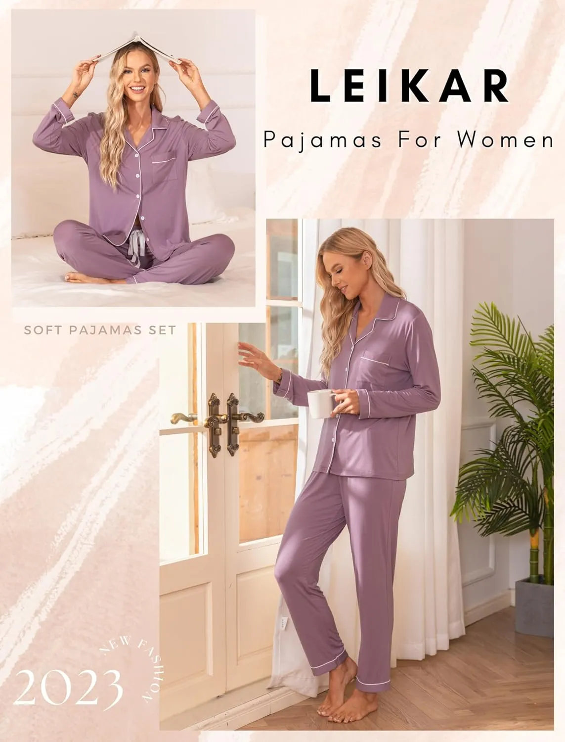 Leikar Button Up Pajama Set For Women Long Sleeve Shirt And Pajama Pants Soft Pjs Lounge Sets