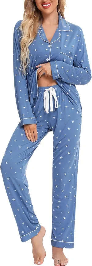 Leikar Button Up Pajama Set For Women Long Sleeve Shirt And Pajama Pants Soft Pjs Lounge Sets
