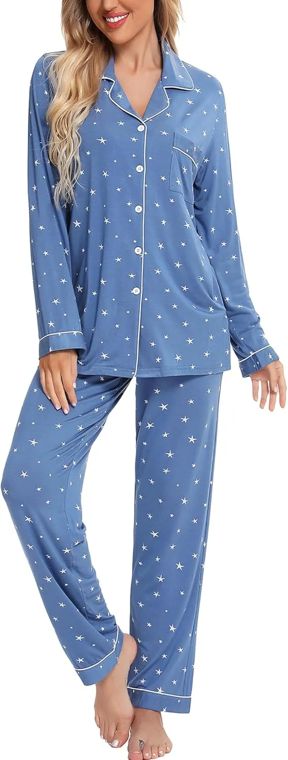 Leikar Button Up Pajama Set For Women Long Sleeve Shirt And Pajama Pants Soft Pjs Lounge Sets