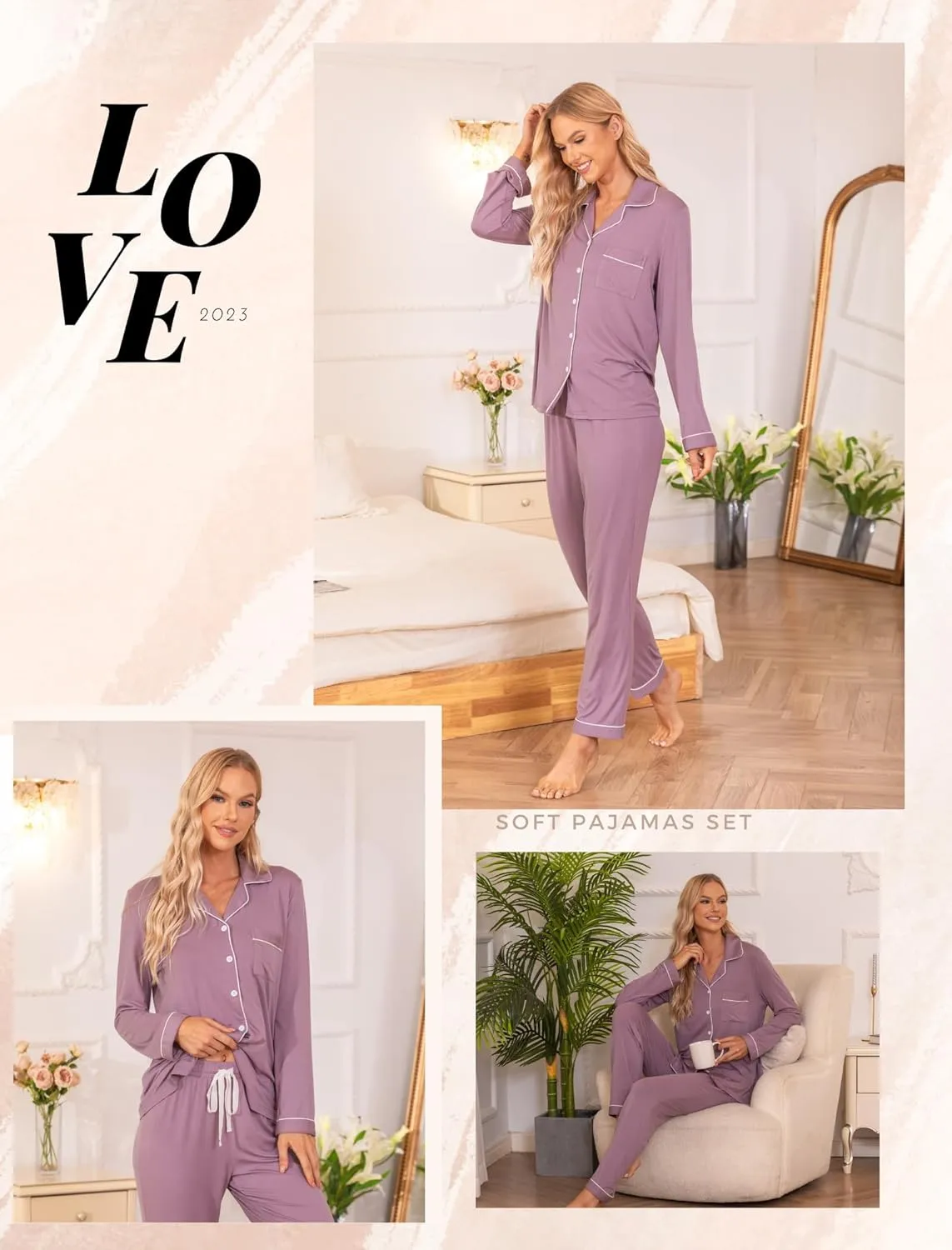 Leikar Button Up Pajama Set For Women Long Sleeve Shirt And Pajama Pants Soft Pjs Lounge Sets