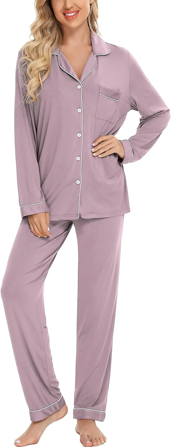 Leikar Button Up Pajama Set For Women Long Sleeve Shirt And Pajama Pants Soft Pjs Lounge Sets