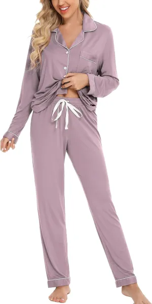 Leikar Button Up Pajama Set For Women Long Sleeve Shirt And Pajama Pants Soft Pjs Lounge Sets